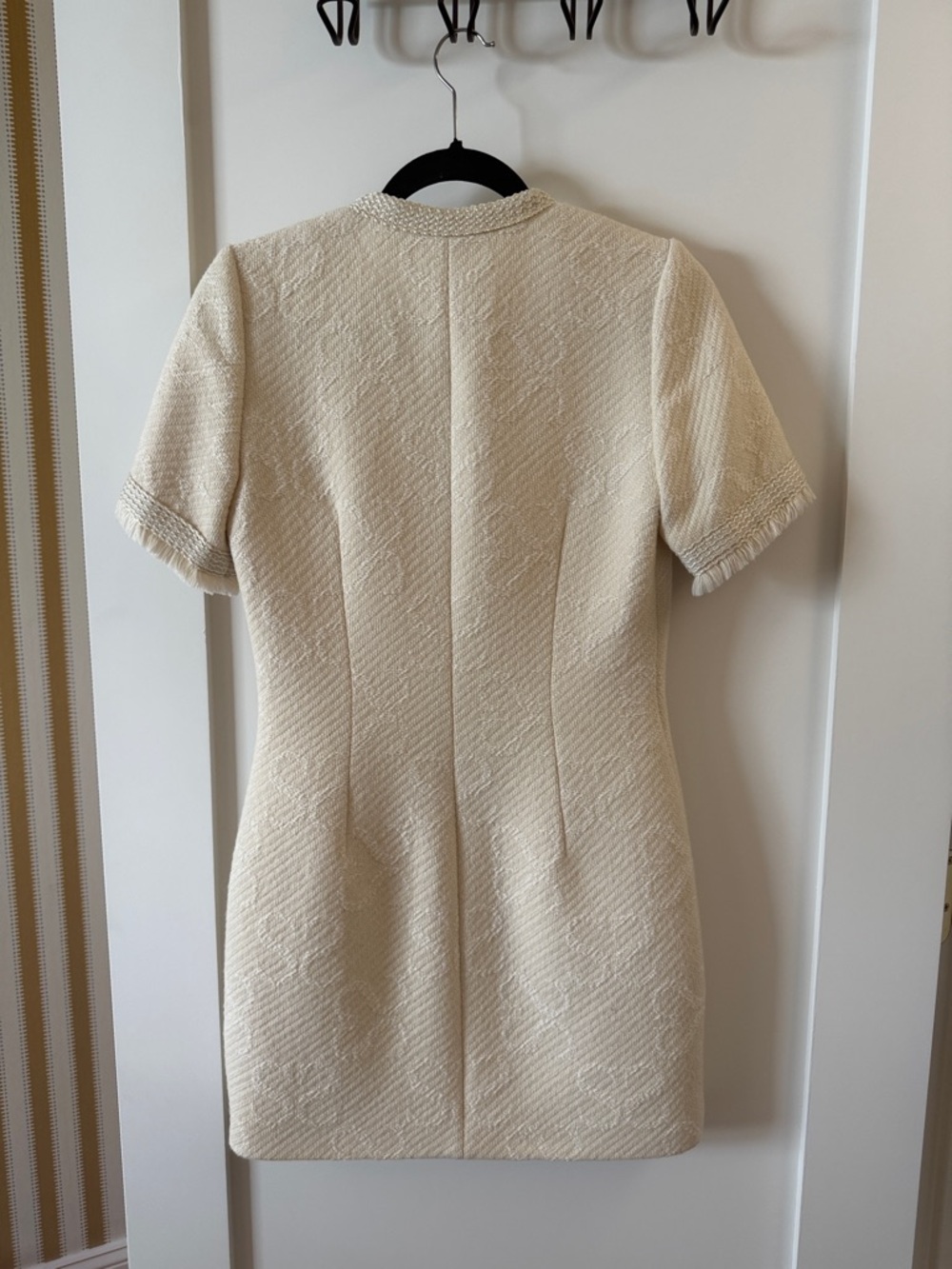 Sandro Cream Tweed Short Sleeve Shift Dress with Gold Trim - Picture 6 of 7